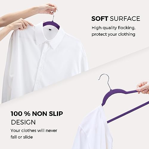 HOUSE DAY Premium Velvet Hangers 50 Pack, Non-Slip Flocked Felt Hangers, Sturdy Clothes Hanger with 360° Rotatable Hook, Heavy Duty Durable Slim Coat Hanger for Closet Space Saving (Noble-Purple)