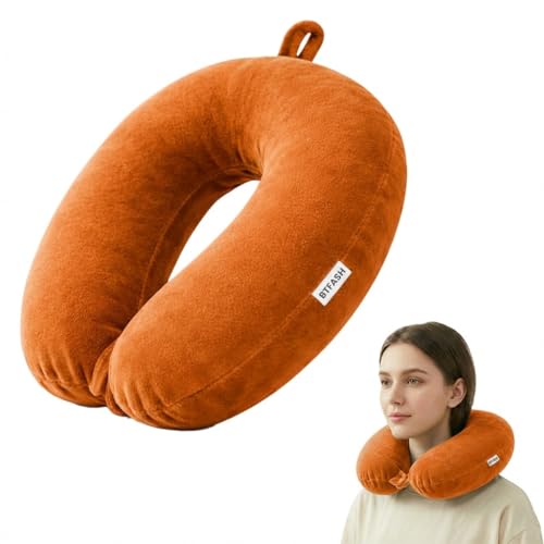 BTfash Travel Neck Pillow for Men & Women | Soft Fibre Cushion for Flight, Car & Train | Soft Velvet Fabric with Attachable Snap Strap | Cervical Support for Neck Pain Relief. Pack of 1 (Mustard orng)