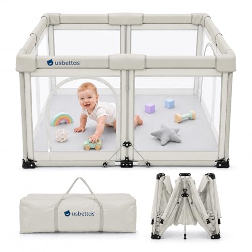 Image of Foldable Baby Playpen, 50 inchx50 inch, Beige | 1-Minute Setup, Lightweight Portable, Carry Bag Included, Indoor Outdoor Use, For Babies & Toddlers