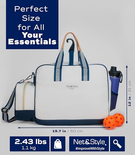 Net & Style Pickleball Bag Women Stylish Tote Large Capacity Paddle Holder Shoe Compartment Elegant Lightweight Design Durable Zipper Pockets Fence Hook White Navy Court Gym Travel Organizer - Image 3