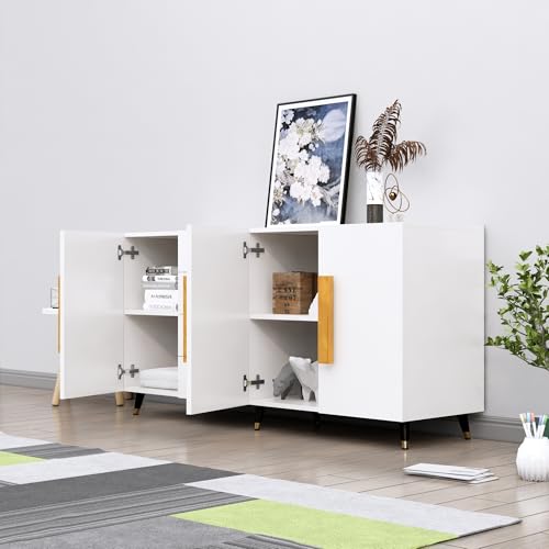 Image of Bniture Wooden Sideboard Cabinet for Living Room | Wooden Storage Cabinet with 3 Door & 4 Drawers | Engineered Wood Multipurpose Cabinet with Spacious Shelves for Home & Office | Frosty White