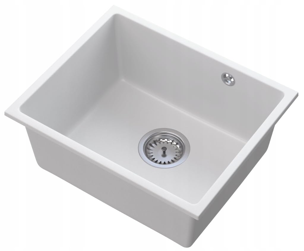 Granitan - Zlewozmywak granitowy Manado biały - System zabudowy - 1 umywalka - prostokątny 46 x 37,5 cm - w zestawie ręczny syfon chromowany - Made in Poland