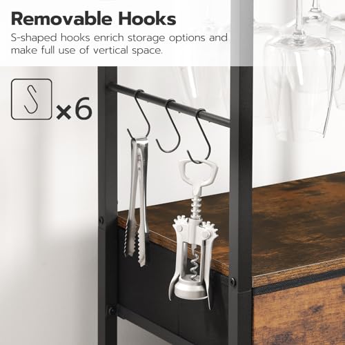 رف مشروبات مستقل مزود بقماش غير منسوج وأطواق تعليق كطاولة رف نبيذ وخزانة بار مناسب للمطبخ وغرفة الطعام والبار من هووبرو، لون بني ريفي وأسود أنيق، سعة 16 زجاجة