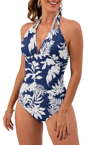 Image of B2prity Women's One Piece Swimsuit Tummy Control Halter Bathing Suit Slimming Supportive Long Torso Friendly Swimwear