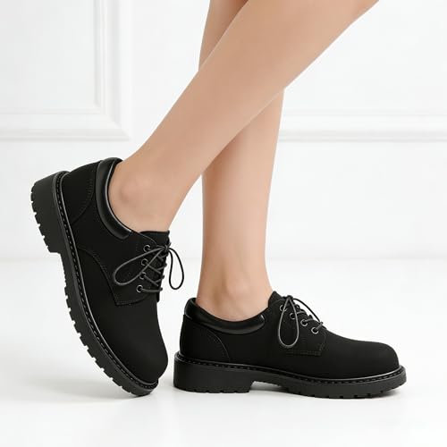Image of Black Women's Oxford Shoes, Non Slip Work Office Dressy Brogue Shoes | Classic Smooth Leather Lace Up Oxford Brogues, Lightweight Comfort Platform Uniform Shoes for Business School Daily Wear