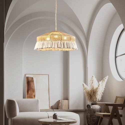 Image of Boho Pendant Light Fixture Bamboo Hanging Light Rattan Woven Wicker Shade Chandelier for Dining Living Bedroom Kitchen Farmhouse Round Raffia Lamp (Bulb not Included)