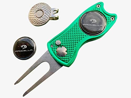 Procella Golf Divot Repair Tool with Golf Ball Marker Hat Clip | Solid Metal Switchblade Knife Style Divot Tool | Multi-Tool | Best Golf Accessories for Men and Women