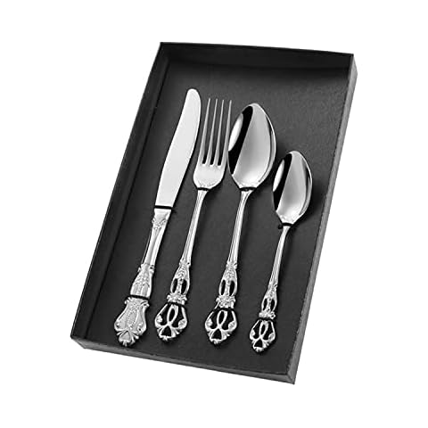 Erised's Bifrost Luxurious Carving Piece Stainless Steel Cutlery Set Service,Steak Flatware,Travel Camping,Table Dinner Knife Fork Spoon,Portable Reusable,Dishwasher Safe,Easy Clean (Silver) Cover