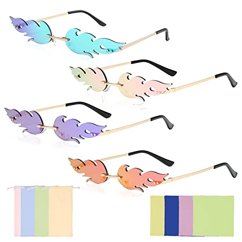 BMHNQ 4 pièces Lunettes Flamme,Lunettes de Soleil Unisexes Lunette Vintage Lunette de Soleil en Forme de Flamme,Convient à Toutes Sortes de Fêtes, Anniversaires, Danses, Festivals de Musique, etc Cover