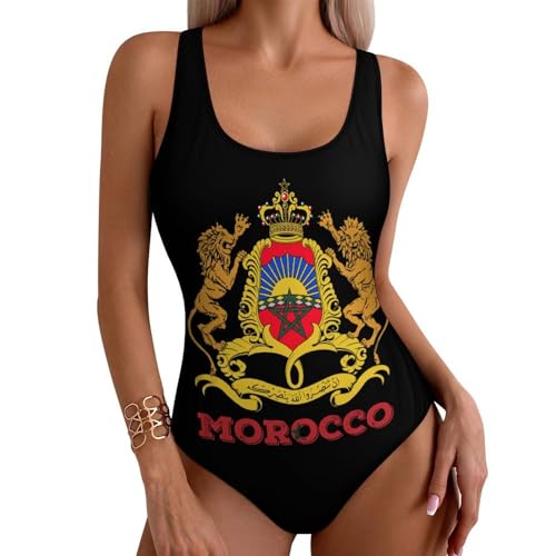 Women's One Piece Swimsuit National Emblem of Morocco Bathing Suit with Removable Chest Pads U Neck High Cut Beachwear for Beach Vacation Swimming Medium