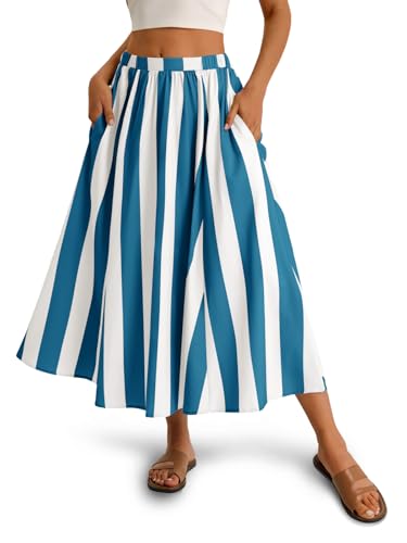 Image of Cicy Bell Womens Summer Striped Maxi Skirts A-Line Beach Vacation Outfits | Elastic Waist, Side Pockets, Flowy, Midi Length, Color Contrast, Trendy Casual