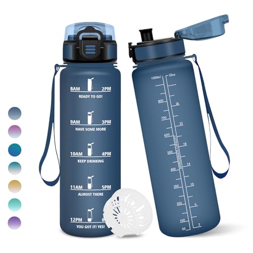 Motswedi Borraccia, 1000ML Senza BPA, Borraccia Bambini, Con marca temporale, Borraccia Motivazionale, Design della serratura a prova di perdite, Bottiglia Acqua per Sport, Scalare Montagne - Blu&Blu
