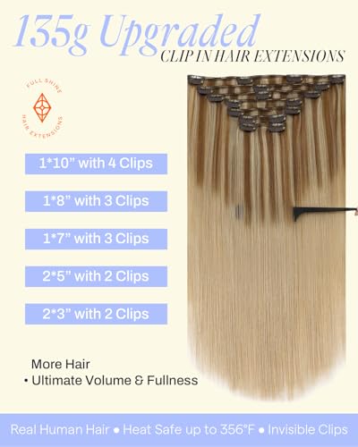 Image of Full Shine Clip in Hair Extensions Real Human Hair, 16 Inch 135g 7Pcs | Golden Blonde Highlight Dirty Blonde Thick Hair Extensions, Real Human Hair for Natural Blend, Medium Hair