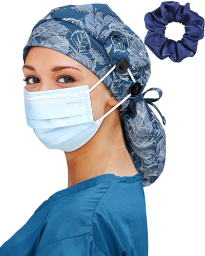Image of Satin Lined Scrub Cap for Women Extra Large Long Hair Surgical Nurse Cap 4 Buttons