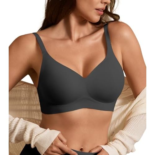 DEANGELMON Seamless Bras for Women No Underwire Comfortable Push Up Bra V Neck Wireless Bralette Full Coverage Wire Free Black Medium