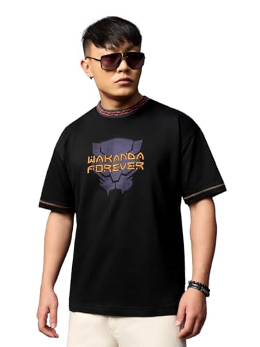 Image of The Souled Store: Black Panther Wakanda Forever Men and Boys Short Sleeves Round Neck Graphic Printed Cotton Oversized Comfortable Lightweight All-Season T-Shirt