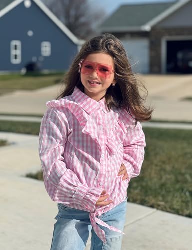 Image of Girls Sleeveless Plaid Button Down Shirt Summer Crop Tops Tie Knot Ruffle Sleeve Shirt Blouse 3-12Y
