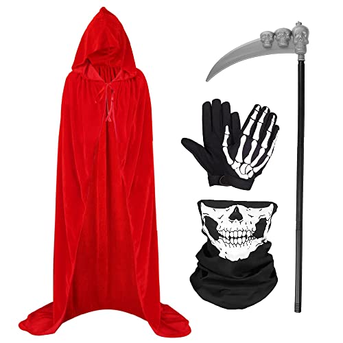 Capuche Cape Halloween, Halloween Deguisement Rouges, Costume Halloween 150cm, Capes d'halloween Masque Gants Squelette Faucille pour Halloween Fête Cosplay Sorciere Vampire Petit Chaperon Rouge Cover