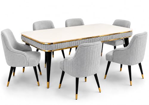 Image of WOODEN SPACE 6-Seater Wooden Dining Table Set | Nano Composite Marble Top | Solid Wood Base | Modern Dining Room Furniture with 6 Chairs (Light Grey Modern Zyro)