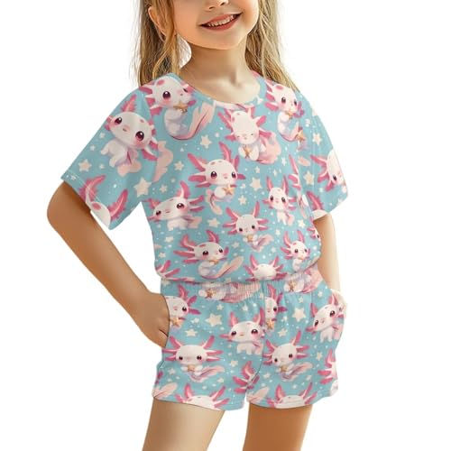 Howilath Conjunto de pijama de 2 piezas para niñas con bolsillo corto, Axolotl azul, 9-10 años