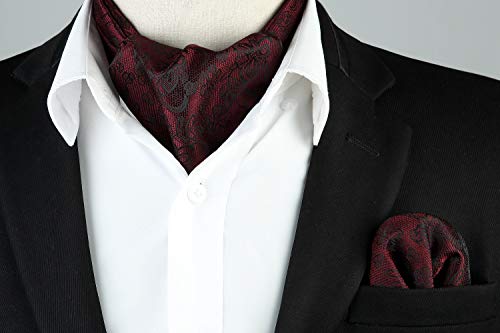 Image of HISDERN Ascot Ties for Men Paisley Floral Ascot and Pocket Square Set Classic Self Tie Mens Cravat Handkerchief for Wedding