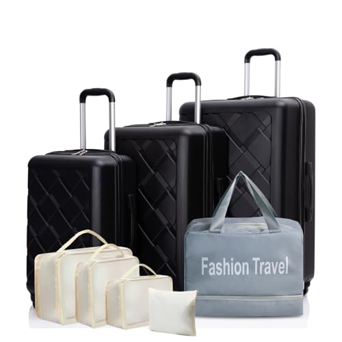 Spinner Wheels ABS Hardshell Luggage Set 8-Piece Lightweight Durable Suitcase 20 24 28 Inch Handbag & Storage Bags (Black + Polypropylene)