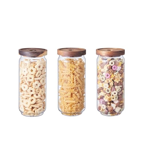 Eden & Willow Airtight Borosilicate Glass Kitchen Storage Jars with Acacia Wooden Lids, Food-Safe Pantry Organiser, Suitable for Home and Kitchen Use (Set of 3, 950ml)