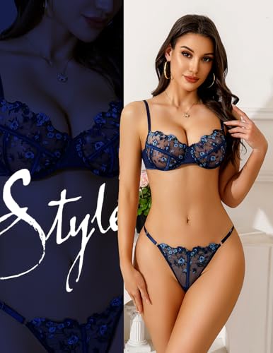 Image of Lingerie Sexy Bra and Panty Set for Women See Through Sheer Underwear Cute Exotic Floral Embroidery Babydoll Set