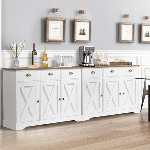 4 EVER WINNER Buffet Cabinet with Storage, Farmhouse Coffee Bar Cabinet with 3 Drawers and 3 Barn Doors, Sideboard Buffet Cabinet, White