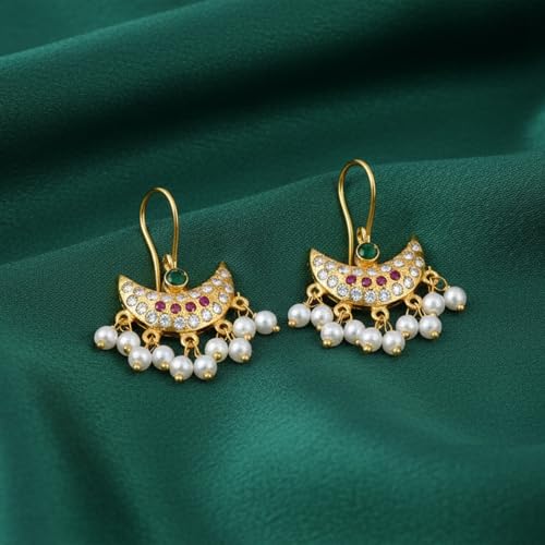 Image of VAMA FASHIONS 18K Gold Plated Anti Tarnish Half Moon Peacock Shape Traditional Maharashtrian Press on Bugadi Upper Ear Clip on Earrings For Women & Girls