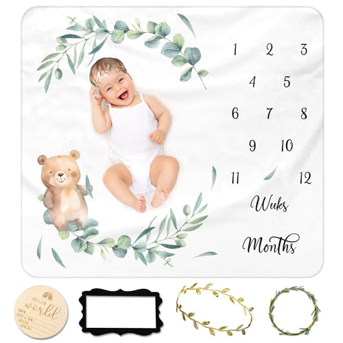 Image of Baby Monthly Blanket | Soft Flannel Blanket for Baby Boy & Girl | Photography Props | Eucalyptus Gender Neutral Nursery Decor