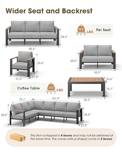 Image of Aluminum Outdoor Patio Furniture Set 8 Seats, Outdoor Sectional Corner Sofa, Patio Conversation Sets with Coffee Table & Washable Thick Cushions, Outdoor Furniture for Backyard, Porch, Gray