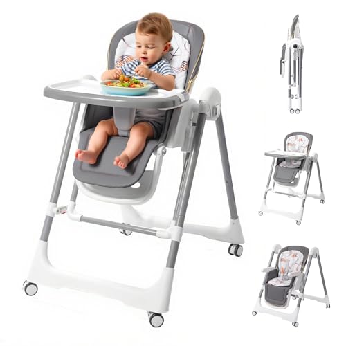 Baby High Chair with Swing, Portable Multifunctional Feeding Chair with Footrest and Tray,Adjustable Height and Backrest,5-Position Safety Harness Foldable High Chair for Infants Toddler 6M-3 Years