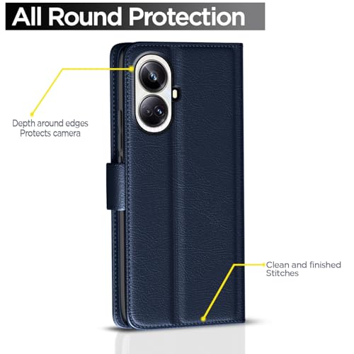 Image of Pikkme Flip Cover Leather Finish | Inside TPU with Card Pockets | Wallet Stand and Shock Proof | Complete Protection Button Flip Case for Realme 10 Pro Plus 5G (Blue)