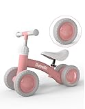 BABELIO Baby Balance Bike for 1 Year Old Boys Girls, 10-36 Month Toddler Balance Bike, 4-Wheel Off-Roader Design, Adjustable Seat & Handlebar - Pink