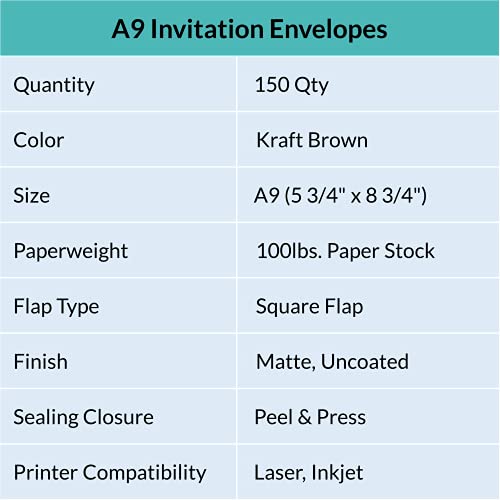 150 Pcs Bulk A9 Invitation Envelopes In Brown Kraft Peel & Press Self Seal 5 3/4 X 8 3/4 Envelopes 100Lbs. Paper Stock For Wedding Holiday Baby Shower Invitations Announcement Mailing Greeting Cards #TOP2