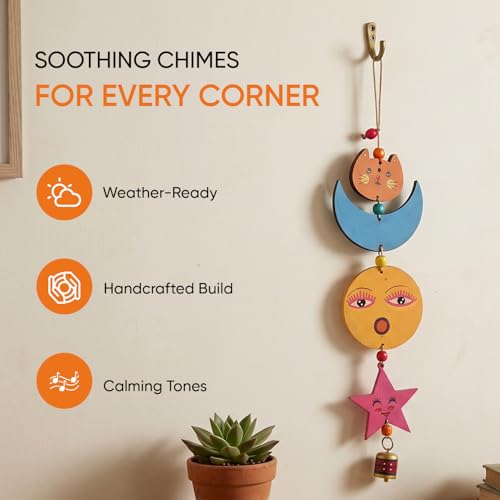 Image of Aakriti Art Creations Sunny Kitty Wind Chime Multicolor | Handmade Wooden & Metal Windchimes for Home | Decorative Wind Chimes for Balcony, Garden, Living Room | Feng Shui Wind Chime Decor