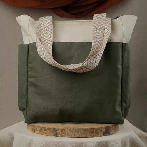 شنطة يد قماشية مصنوعة يدويًا - شنطة كتف وشنطة كروس ذات سعة كبيرة مع مساحات بسوستة إغلاق ومقابض أنيقة مصنوعة يدويًا - للعمل واللاب توب والاستخدام اليومي للنساء من دي بيل™ (بيج، زيتي)