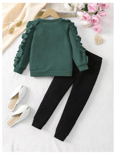 Image of RoseSeek Girl's 2 Piece Outfits Ruffle Trim Long Sleeve Graphic Sweatshirt and Leggings Clothing Set Green 6Y