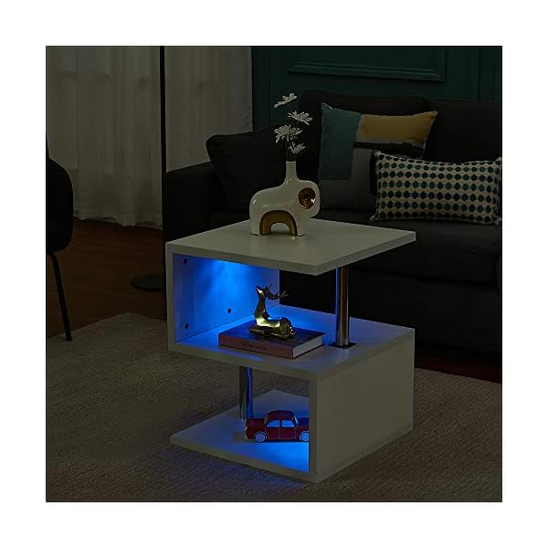 Multifunction S Shape Coffee End Table, 2 Tier Storage Modern Design Side Table storage Shelves with LED Lights for Display White - Image 5