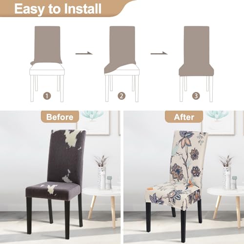 Image of SearchI Dining Room Chair Covers Set of 4, Stretch Printed Floral Parsons Chair Slipcovers Spandex Removable Washable Kitchen Chair Protector Cover for Dining Room, Hotel, Ceremony (Beige+Flower)