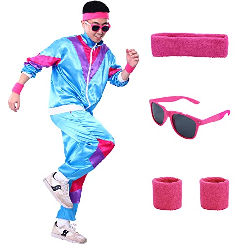 Alaiyaky 80er 90er Jahre Outfit Herren Damen 80er Trainingsanzug mit Jacke Hose Schweißbänder Sonnenbrille 90er 80er Jahre Kleidung Bad Taste Outfit für Karneval Halloween Paare (Blau M)