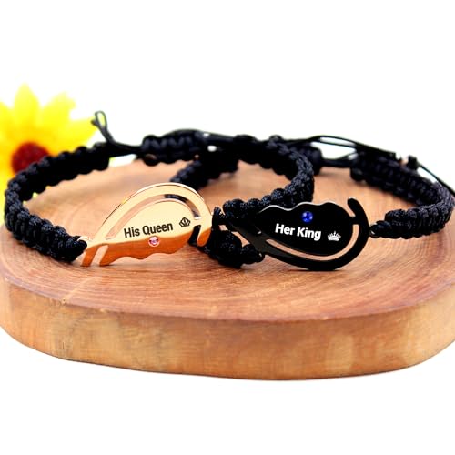 Image of 2pcs Black /Rose Gold Custom Carved Heart-shaped Puzzle Bracelets, Hand Woven Stainless Steel with Zirconia Jewelry for Men and Women, Fashion Couples Promise Bracelets
