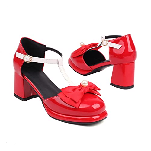ForeMode Fashion Women T-Strap High Heels Bow Platform Round Toe Pumps Leather Summer Sweet Shoes2