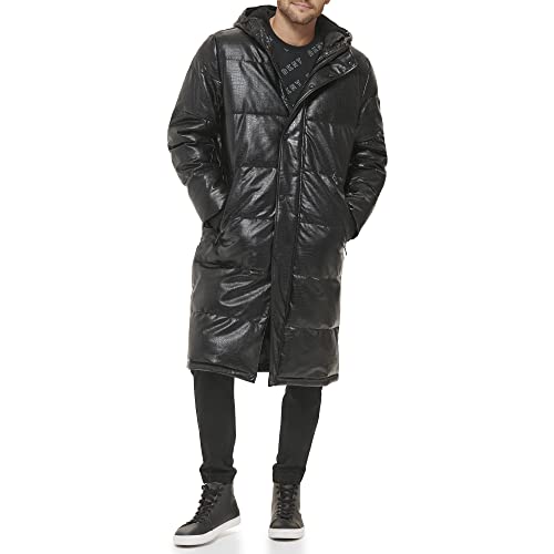 DKNY Mens Faux Leather Long Quilted Fashion Coat