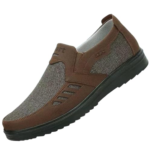 YANFJHV Zapatos deportivos de moda para hombre para primavera y parte inferior plana, malla transpirable ligera, sin cordones, cómodos, lisos, sencillos Características: zapatos impermeables, marrón,
