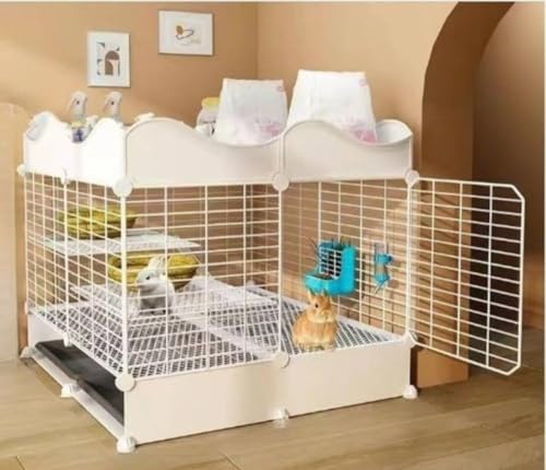 Ambety 小動物用の金属製ウサギケージ、尿に強い、キャスター付き、自動清掃補助具付き、お手入れ簡単、トイレ付きの大型サイズ、室内使用に適しており、モルモット、モルモット、ドワーフウサギにも適しています (基本セット [ケージ + 設置用工具 + 引き出