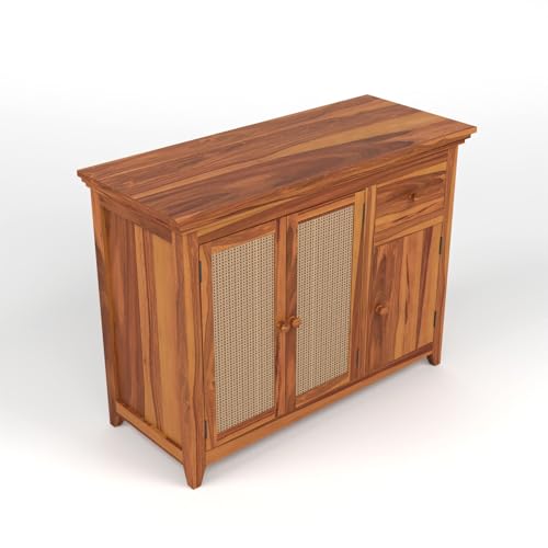 Image of PS DECOR Solid Sheesham Wood Sideboard Cabinet with Rattan Cane Doors & Storage Drawer | Multipurpose Storage Unit for Living Room & Dining Area (B-Natural Finish)