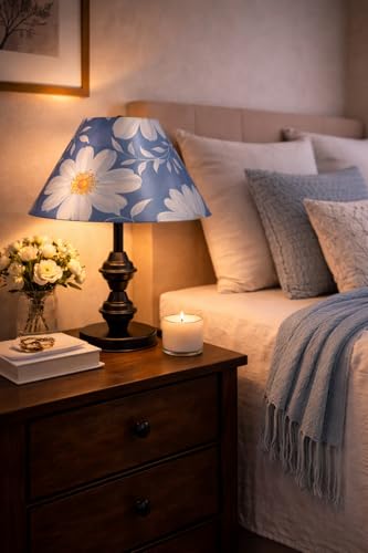 Image of tu casa Modern Table Lamp with Crimson Floral Satin Shade | Metal Iron Base Decorative lamp for Living Room| Study & Home Decor, Designer Table Lamp for Gifting (Ivory Daisy)