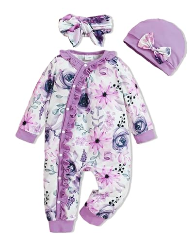 Image of Newborn Baby Girl Clothes Infant Floral Print One-Piece Romper+Jumpsuit+Bodysuit+Hat+Headband
